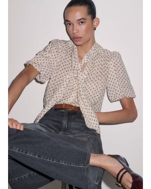 ME+EM Silk Cotton Foulard Print Short Sleeve Blouse + Tie - Gray