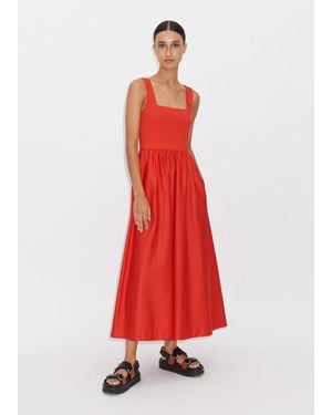 ME+EM Cotton Rib Mixed-media Square Neck Dress - Red