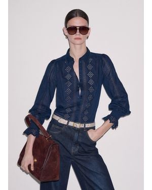 ME+EM Cotton Voile Broderie Detail Shirt - Blue