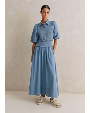 ME+EM Chambray Shirred Maxi Shirt Dress - Blue