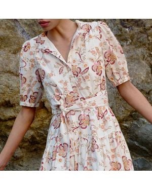 ME+EM Creaseless Linen Ornate Floral Paisley Print Short Dress Light Cream-Multi - Grey