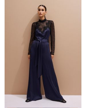 ME+EM Lace + Satin Back Crepe Wideleg Jumpsuit + Belt - Blue