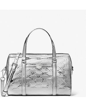 Michael Kors Jet Set Medium Patent Logo Debossed Duffel Crossbody Bag - Grey