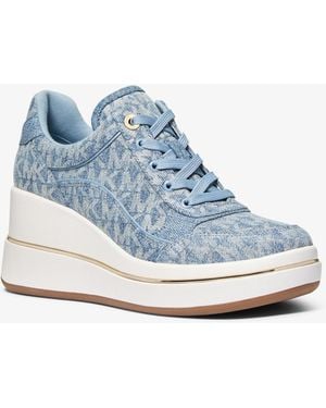 Michael Kors Emmy Signature Logo Print Denim Wedge Sneaker - Blue