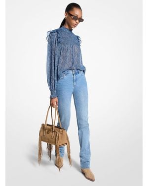 Michael Kors Metallic Paisley Print Smocked Georgette Blouse - Blue