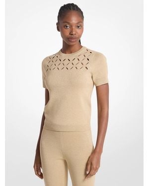 Michael Kors Laser Cut Metallic Stretch Knit Top - Natural