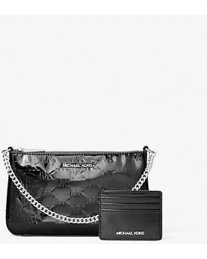 Michael Kors Jet Set Patent Logo Debossed Pochette And Card Case Gift Set - Grey