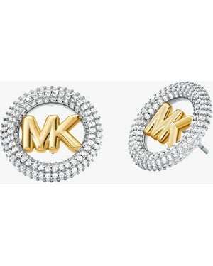 Michael Kors Medium Precious Metal-Plated Brass Pavé Logo Stud Earrings - White
