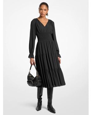 Michael Kors Smocked Georgette Midi Dress - Black