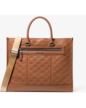 Michael Kors Mk Jet Set Logo Embossed Leather Tote Bag - Brown
