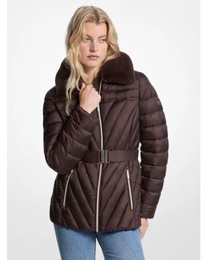 MICHAEL Michael Kors Faux Fur Trim Packable Nylon Puffer Jacket - Brown