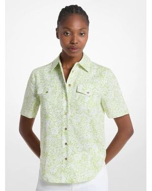 Michael Kors Floral Print Linen Blend Camp Shirt - Green