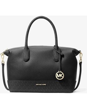 Michael Kors Outlet Mk Hyde Medium Pebbled And Signature Logo Satchel - Black