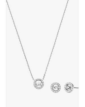 Michael Kors Mkset De Regalo Con Pendientes Y Collar Fulton De Plata De Ley Chapada En Metal Precioso Con Incrustaciones Y Adorno De Logotipo - Blanco