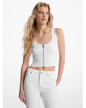 Michael Kors Ribbed Viscose Blend Zip-Up Tank Top - White