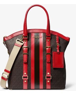 MICHAEL Michael Kors Bedford Travel Large Logo Stripe Dome Tote Bag - Red