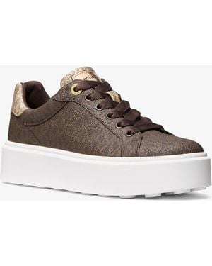 Michael Kors Outlet Mk Romey Metallic Two-Tone Signature Logo Platform Trainers - Brown