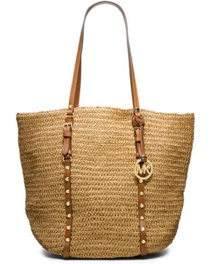 Michael Kors Large Studded Straw Shopper Tote Bag - Natural