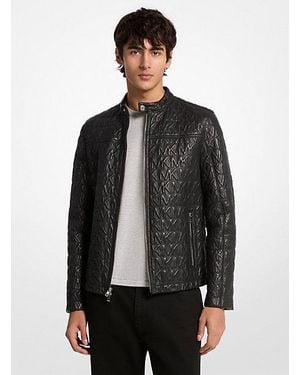 Michael Kors Logo Embossed Leather Racer Jacket - Gray
