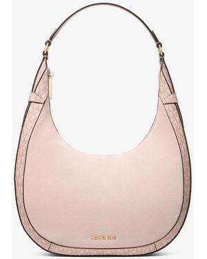 Michael Kors Outlet Mk Preston Large Suede And Signature Logo Crescent Shoulder Bag - Pink
