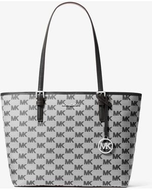 Michael Kors Outlet Mk Jet Set Medium Logo Jacquard Tote Bag - Grey