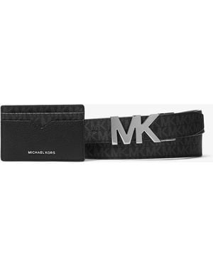Michael Kors Mk Leather And Signature Logo Card Case And Belt Gift Set - Black