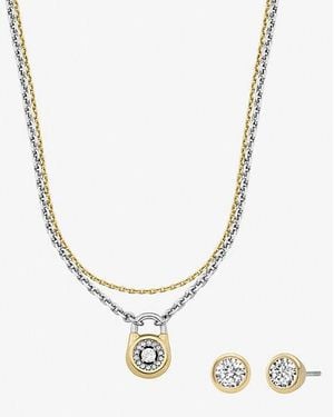 Michael Kors Pavé Two-Tone Lock Necklace And Stud Earrings Jewelry Gift Set - Metallic