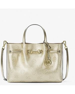 Michael Kors Carson Medium Metallic Logo Debossed Satchel - Natural