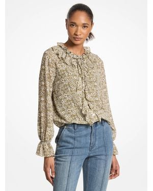 Michael Kors Floral Print Georgette Ruffle Blouse - Blue