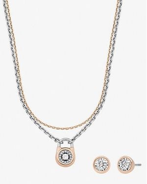 Michael Kors Pavé Two-Tone Lock Necklace And Stud Earrings Jewelry Gift Set - White