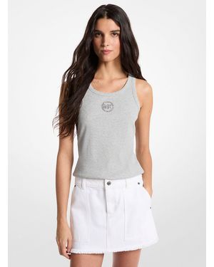 Michael Kors Outlet Mk Embellished Logo Ribbed Cotton Blend Tank Top - White
