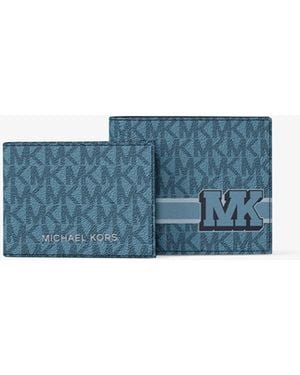 Michael Kors Cooper Striped Signature Logo Billfold Wallet With Passcase - Blue