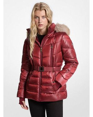 Michael Kors Faux Fur Trim Belted Puffer Jacket - Red