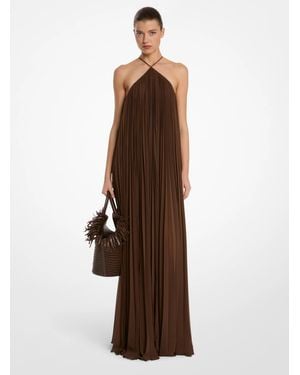 Michael Kors Mk Pleated Techno Chiffon Halter Gown - Brown