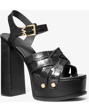 Michael Kors Nora Crocodile Embossed Leather Platform Sandal - Black