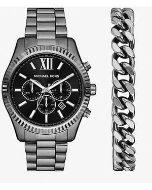 Michael Kors Mk Oversized Lexington Gunmetal Watch And Bracelet Gift Set - Black
