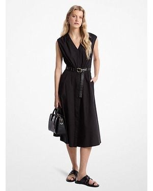 Michael Kors Stretch Cotton Poplin Belted Midi Dress - Black