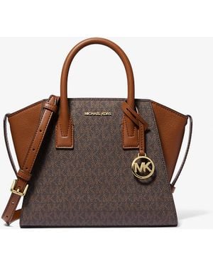 Michael Kors Outlet Mk Avril Small Logo And Leather Satchel - Brown