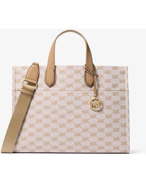 Michael Kors Outlet Mk Gigi Large Logo Jacquard Large Tote Bag - Natural