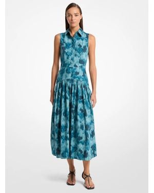 Michael Kors Floral Chiné Cotton Poplin Drop Waist Shirtdress - Blue