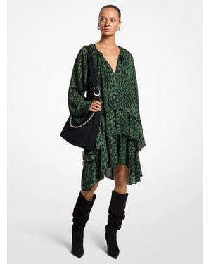 MICHAEL Michael Kors Michael Kors Ruffled Leopard Print Georgette Hi-Low Dress - Green