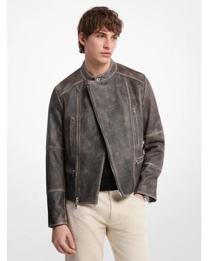 Michael Kors Mk Washed Leather Moto Jacket - Grey