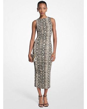 Michael Kors Snake Print Stretch Jersey Ruched Midi Dress - White