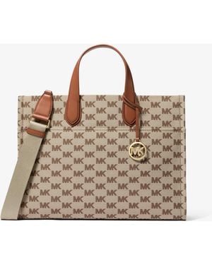Michael Kors Outlet Mk Gigi Large Logo Jacquard Large Tote Bag - Brown