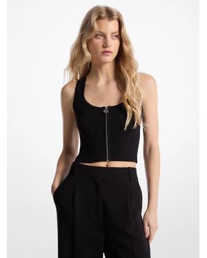 Michael Kors Ribbed Viscose Blend Zip-Up Tank Top - Black