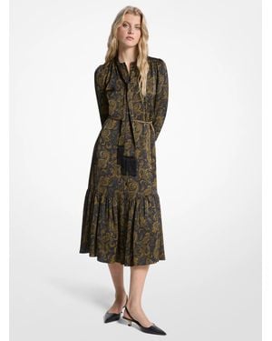 MICHAEL Michael Kors Mk Paisley Print Satin Tie-Neck Midi Dress - Natural