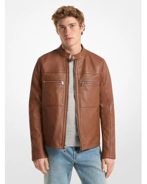 Michael Kors Leather Double-Zip Racer Jacket - Brown