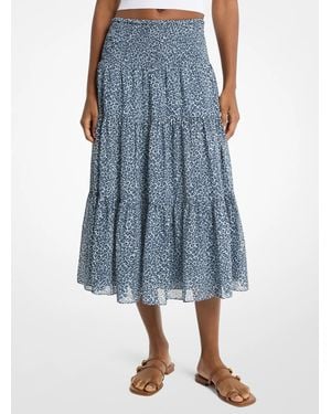 Michael Kors Leopard Print Georgette Tiered Midi Skirt - Blue