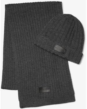 Michael Kors Mk Ribbed Knit Beanie Hat And Scarf Set - Black