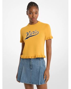 Michael Kors Ruffled Stretch Knit Logo Short-Sleeve Sweater - Blue